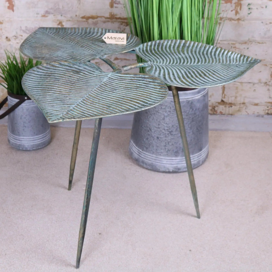 Luxury Ramai Three Leaf Side Table, stylish green and gold boho accent table, nature-inspired home decor by Maravi at brixbailey.com
