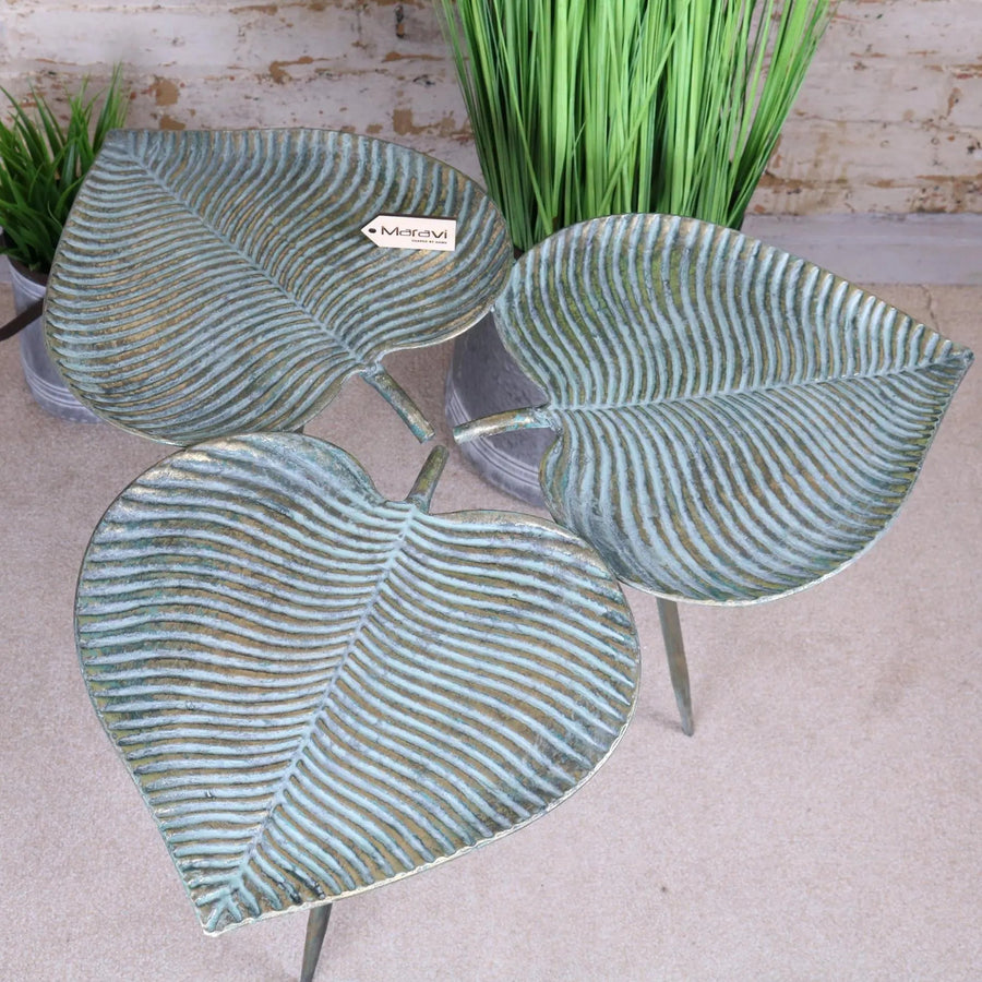 Luxury Ramai Three Leaf Side Table, stylish green and gold boho accent table, nature-inspired metal tripod decor by Maravi at brixbailey.com
