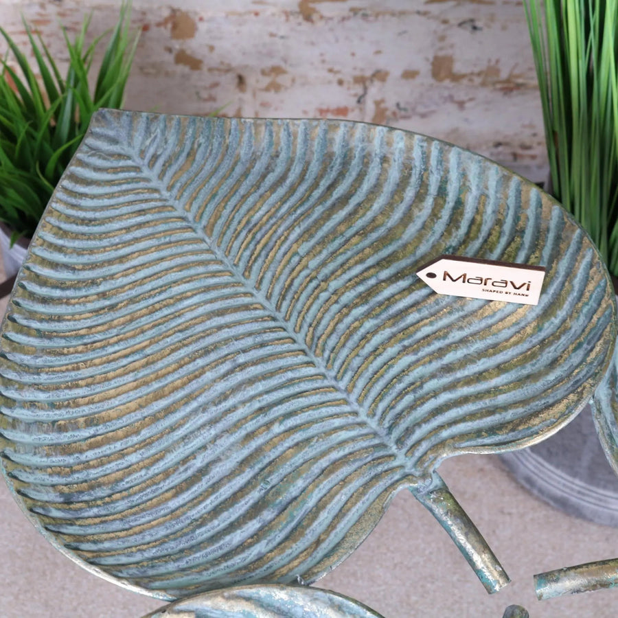 Luxury Ramai Three Leaf Side Table, stylish boho decor with green and gold finish, nature-inspired metal accent table by Maravi at brixbailey.com