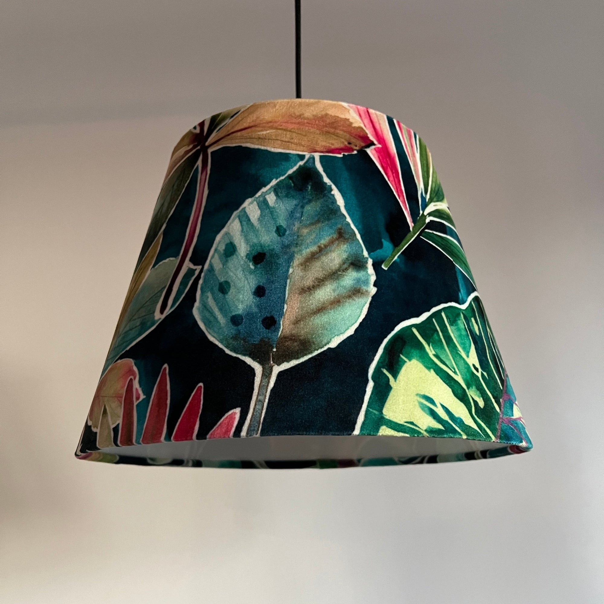 Multicoloured Rainforest Leaves Velvet French Drum Lampshade | Handmade Ceiling Light Shade | UK