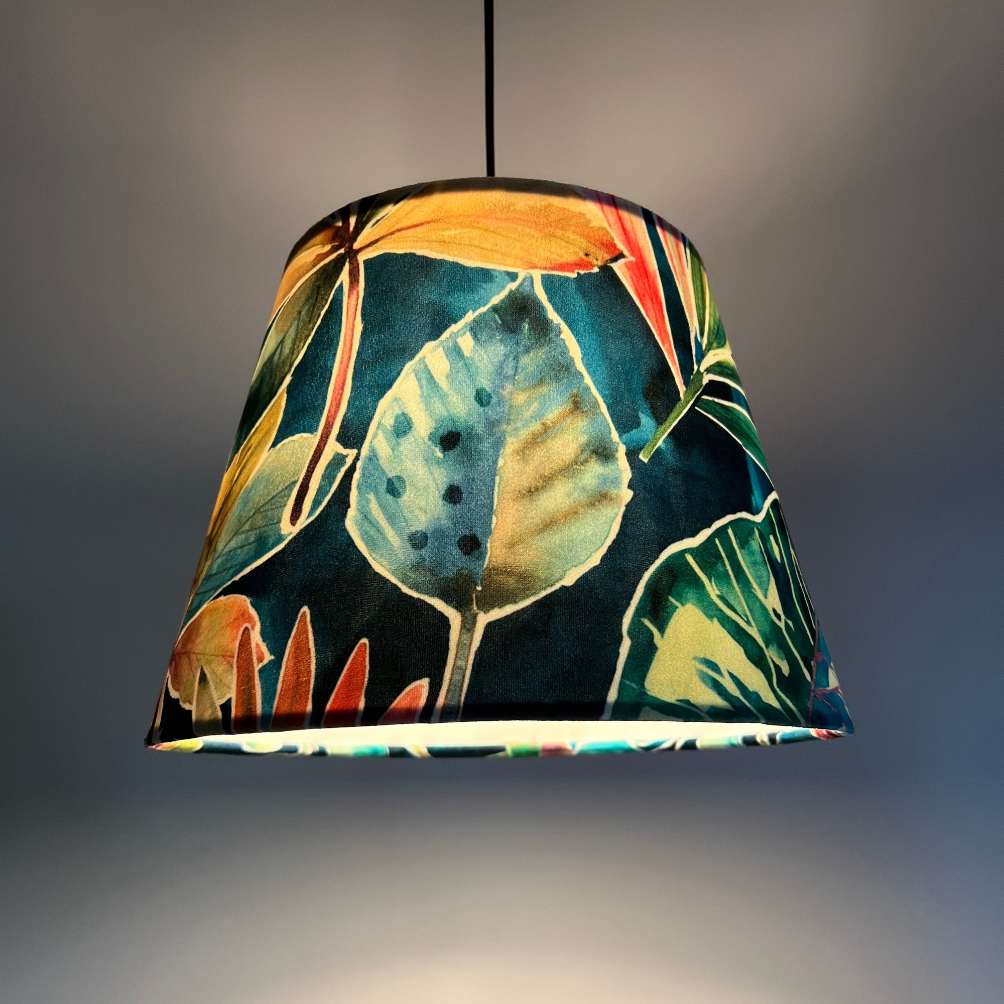 Multicoloured Rainforest Leaves Velvet French Drum Lampshade | Handmade Ceiling Light Shade | UK