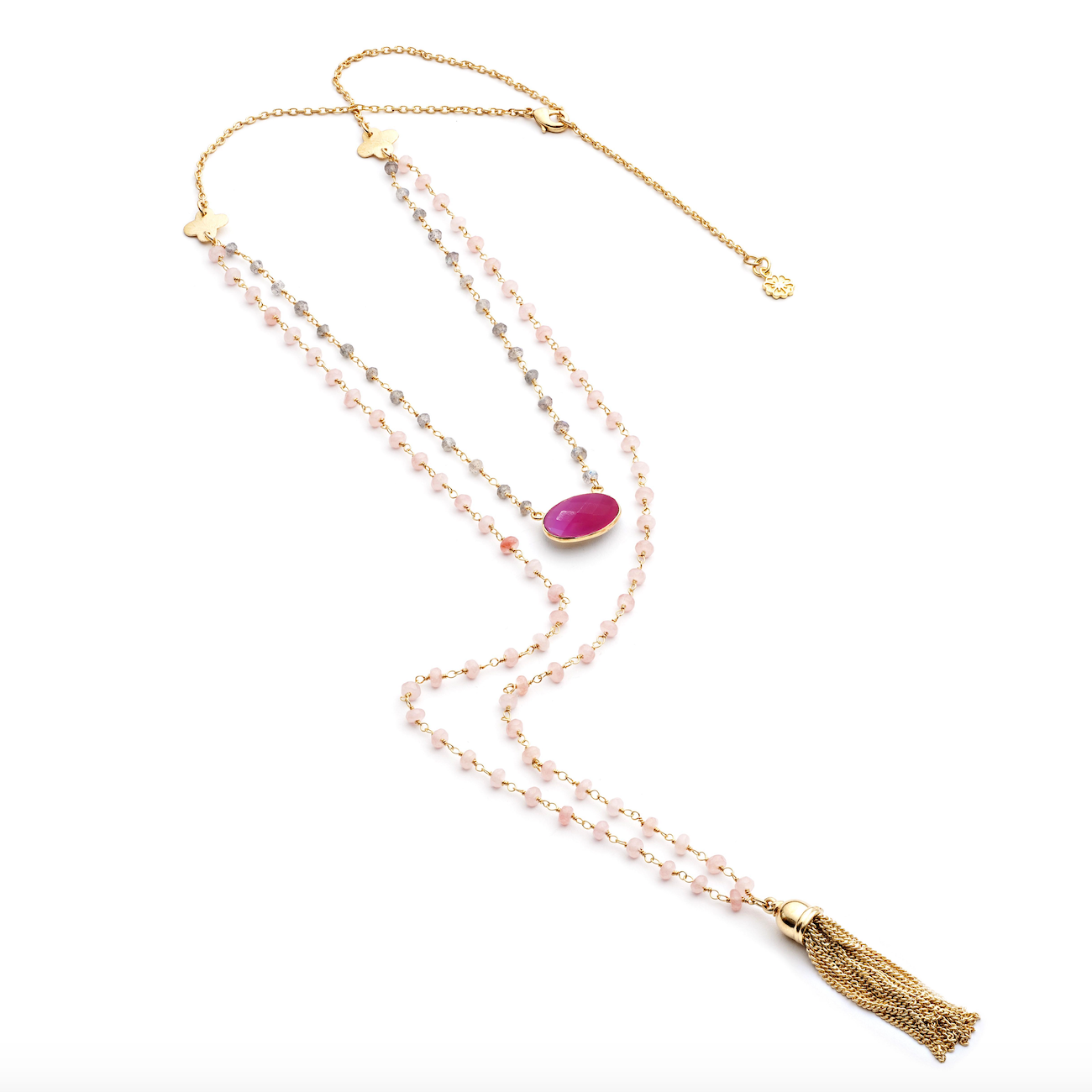 Athena Gemstone Layered Tassel Necklace : Fuchsia Onyx, Labradorite &amp; Pink Chalcedony