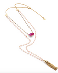 Athena Gemstone Layered Tassel Necklace : Fuchsia Onyx, Labradorite & Pink Chalcedony