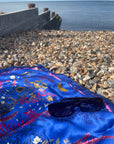 Royal blue ‘Flourish’ floral silk scarf with sunflowers and wildflowers