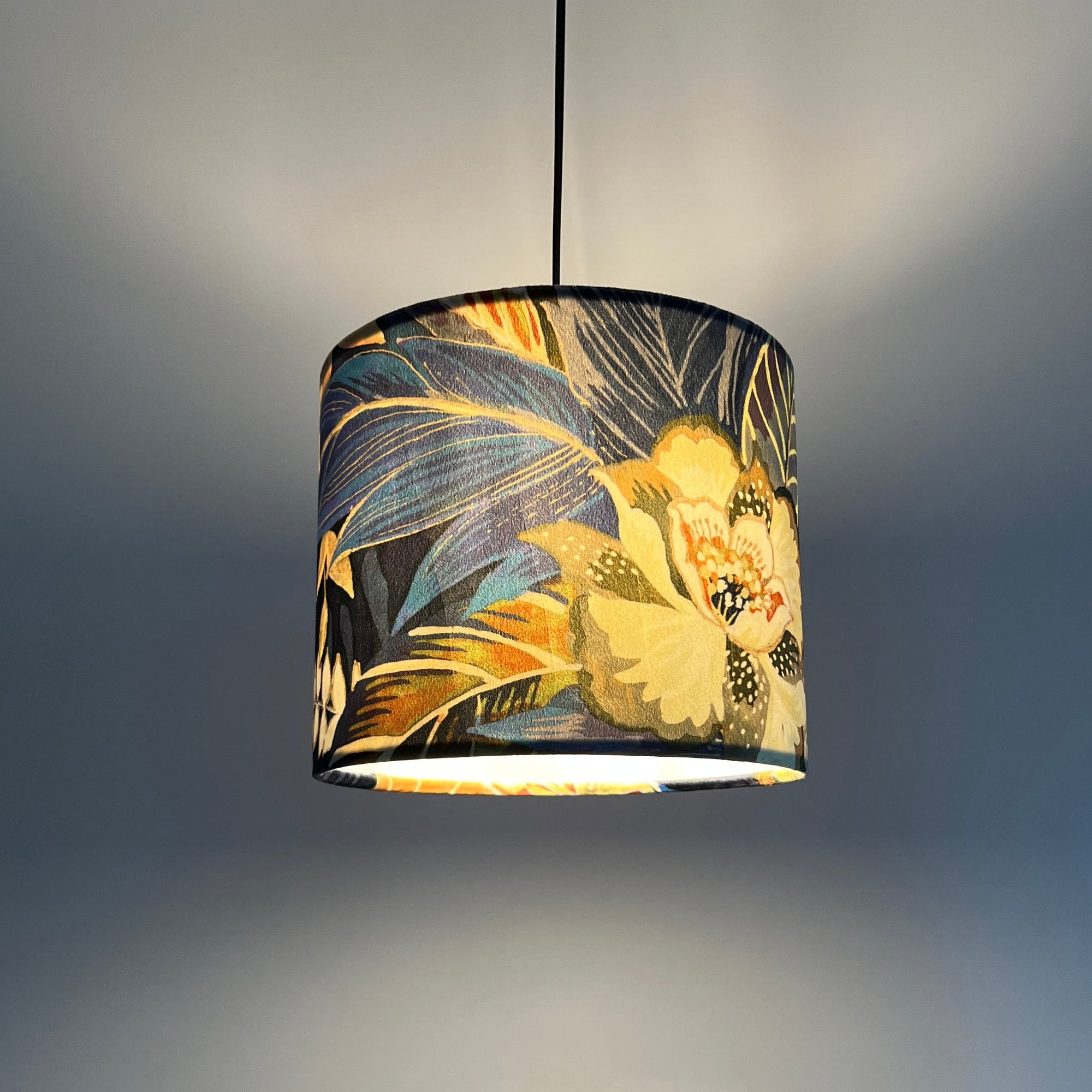 Floral midnight velvet, drum lampshade /ceiling shade with a white lining