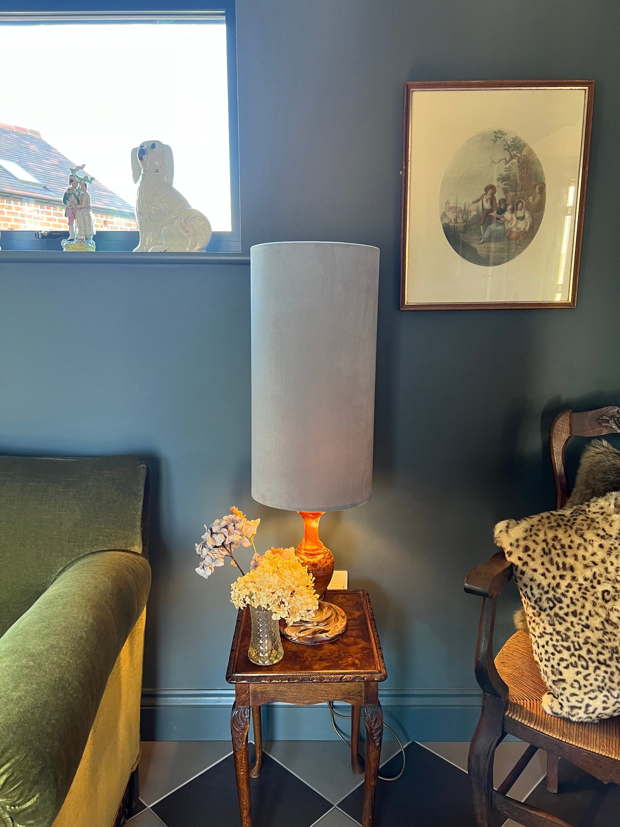 Grey velvet cylinder lampshade, extra tall lampshade