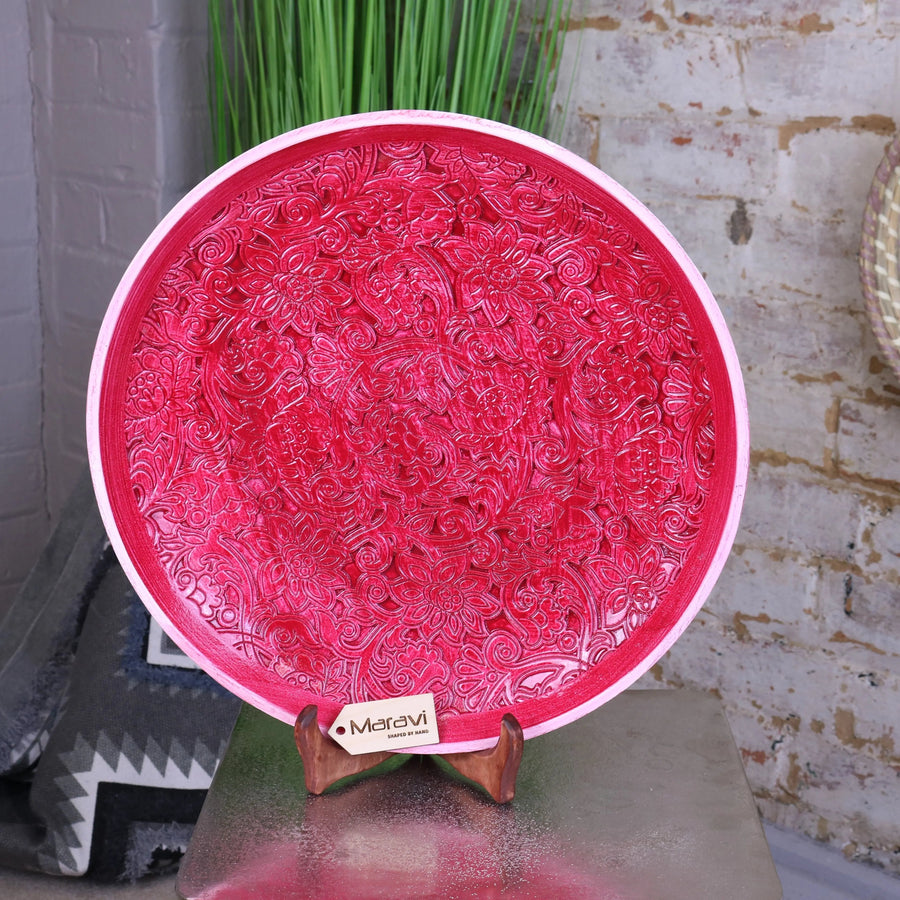 Luxury Paluru fuchsia pink large decorative bowl, handcrafted wooden henna-style floral centerpiece, premium home decor by Maravi at brixbailey.com