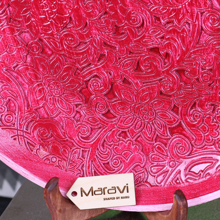 Luxury Paluru fuchsia pink large decorative bowl, handcrafted wooden henna-style floral centerpiece, elegant home decor by Maravi at brixbailey.com