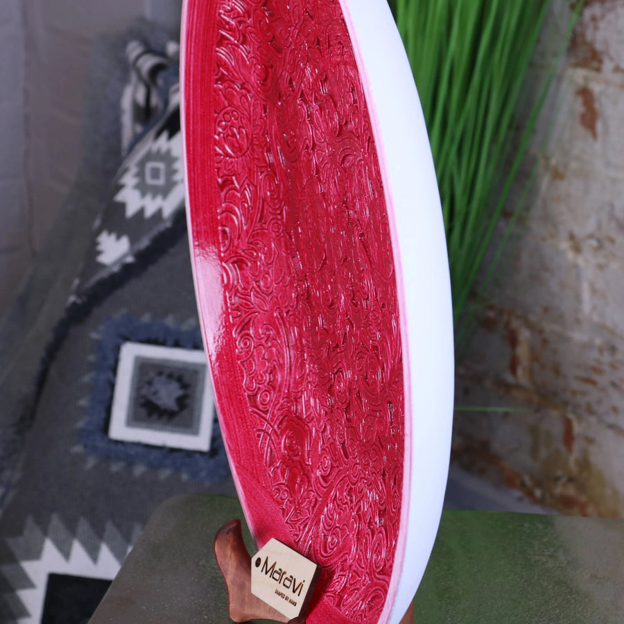 Premium Paluru fuchsia pink large decorative bowl, handcrafted wood henna-style floral design, luxury home decor centerpiece by Maravi at brixbailey.com