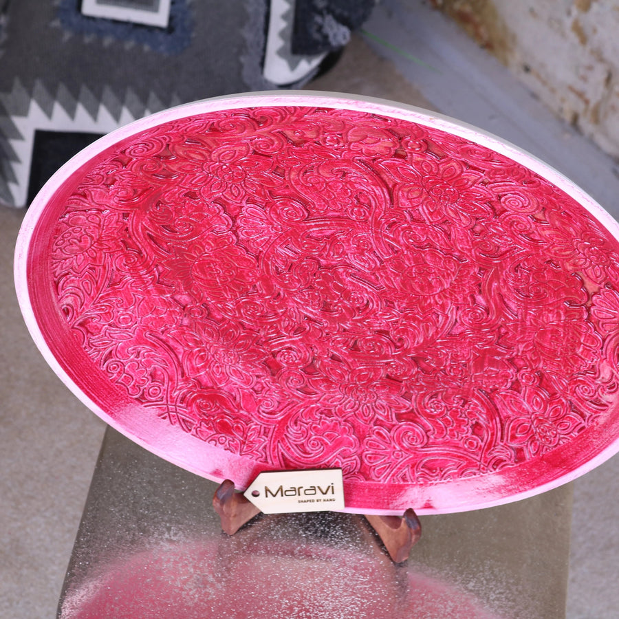 Luxury Paluru fuchsia pink large decorative bowl, handcrafted wooden henna-style floral centerpiece, trending home decor accent by Maravi at brixbailey.com