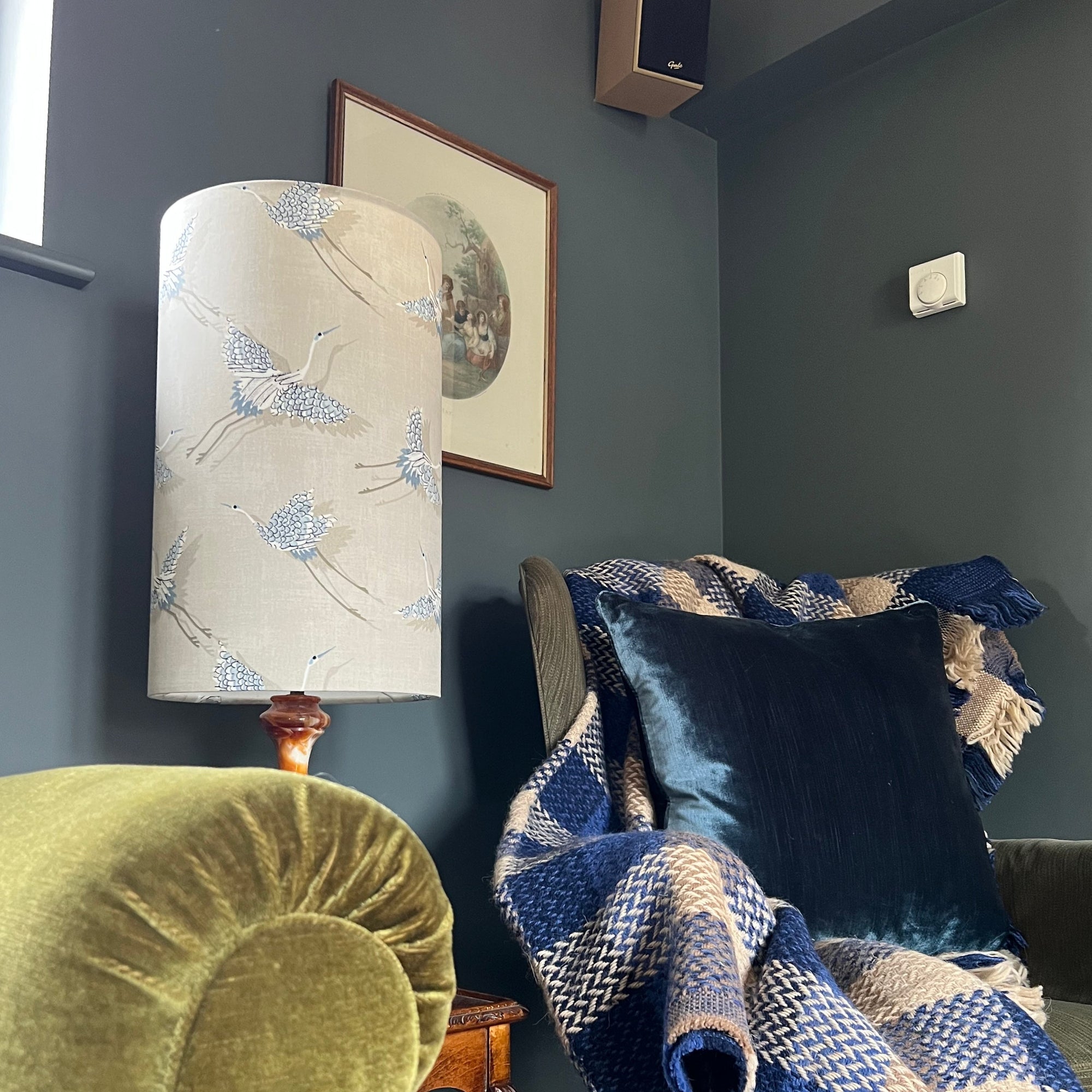 Flying Birds Cream Cotton Lampshade | Extra Tall Cylinder Ceiling Light Shade | Bespoke Handmade UK