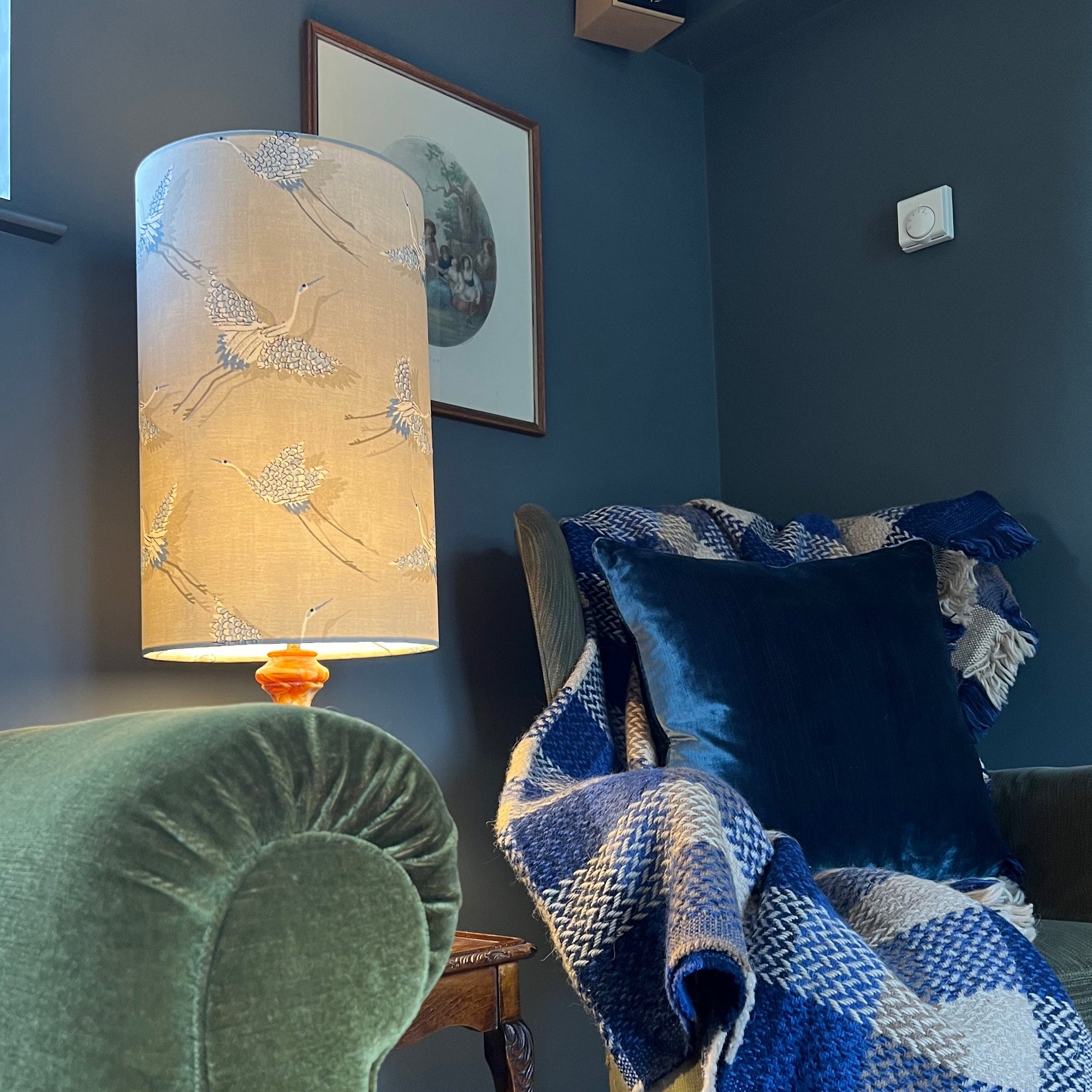 Flying Birds Cream Cotton Lampshade | Extra Tall Cylinder Ceiling Light Shade | Bespoke Handmade UK