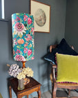 Summer garden Velvet cylinder lampshade, in teal, extra tall lampshade