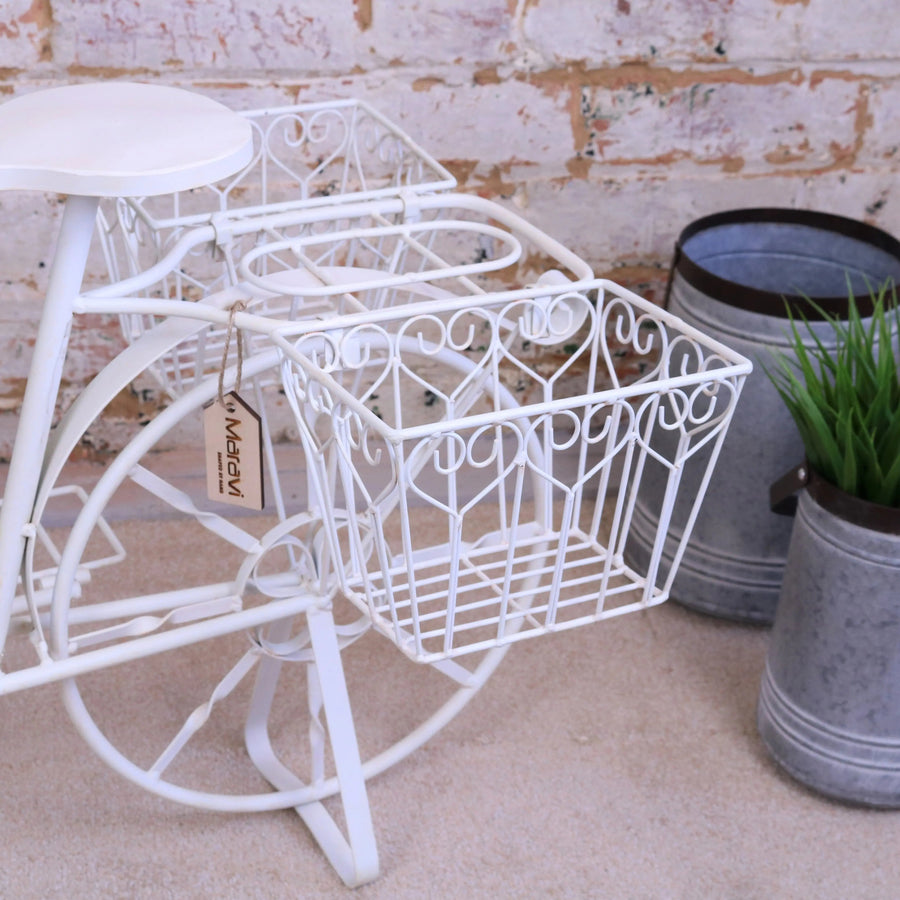 Premium Belura large bicycle planter, vintage-style metal garden decor with multiple pot holders, durable white powder-coated finish by Maravi at brixbailey.com