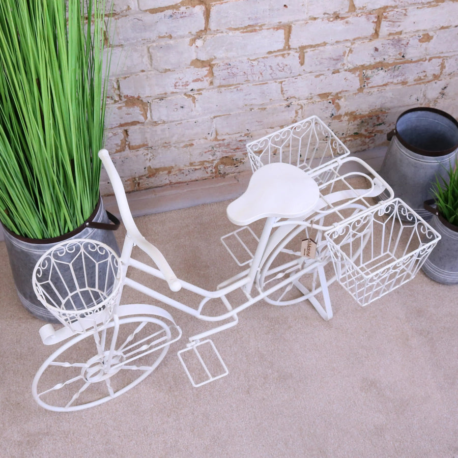 Belura large bicycle planter, vintage-style metal garden decor with three pot holders, premium white powder-coated finish, whimsical outdoor planter for patio or balcony by Maravi at brixbailey.com