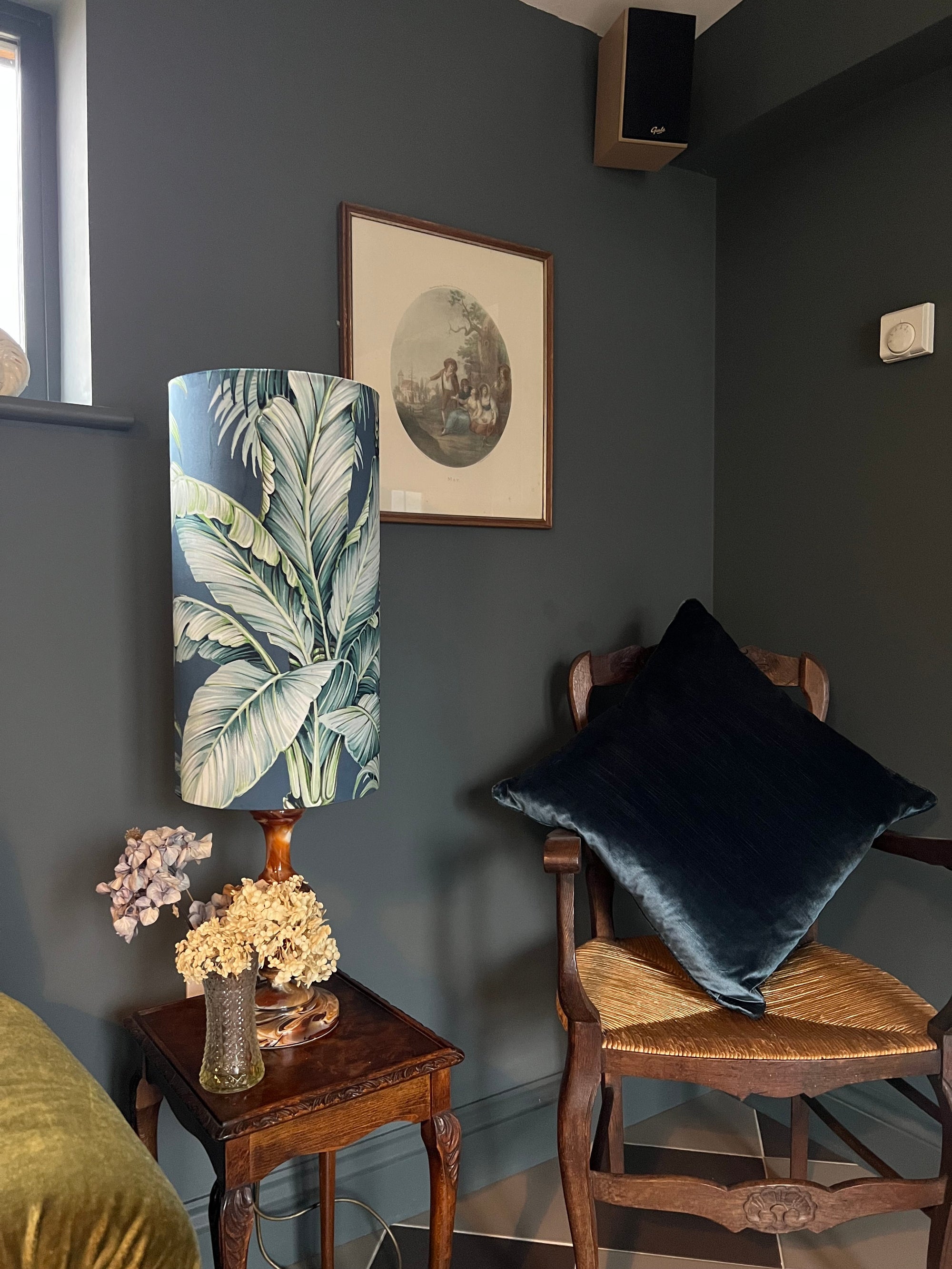 Tripura midnight Leaves Velvet cylinder lampshade, extra tall lampshade