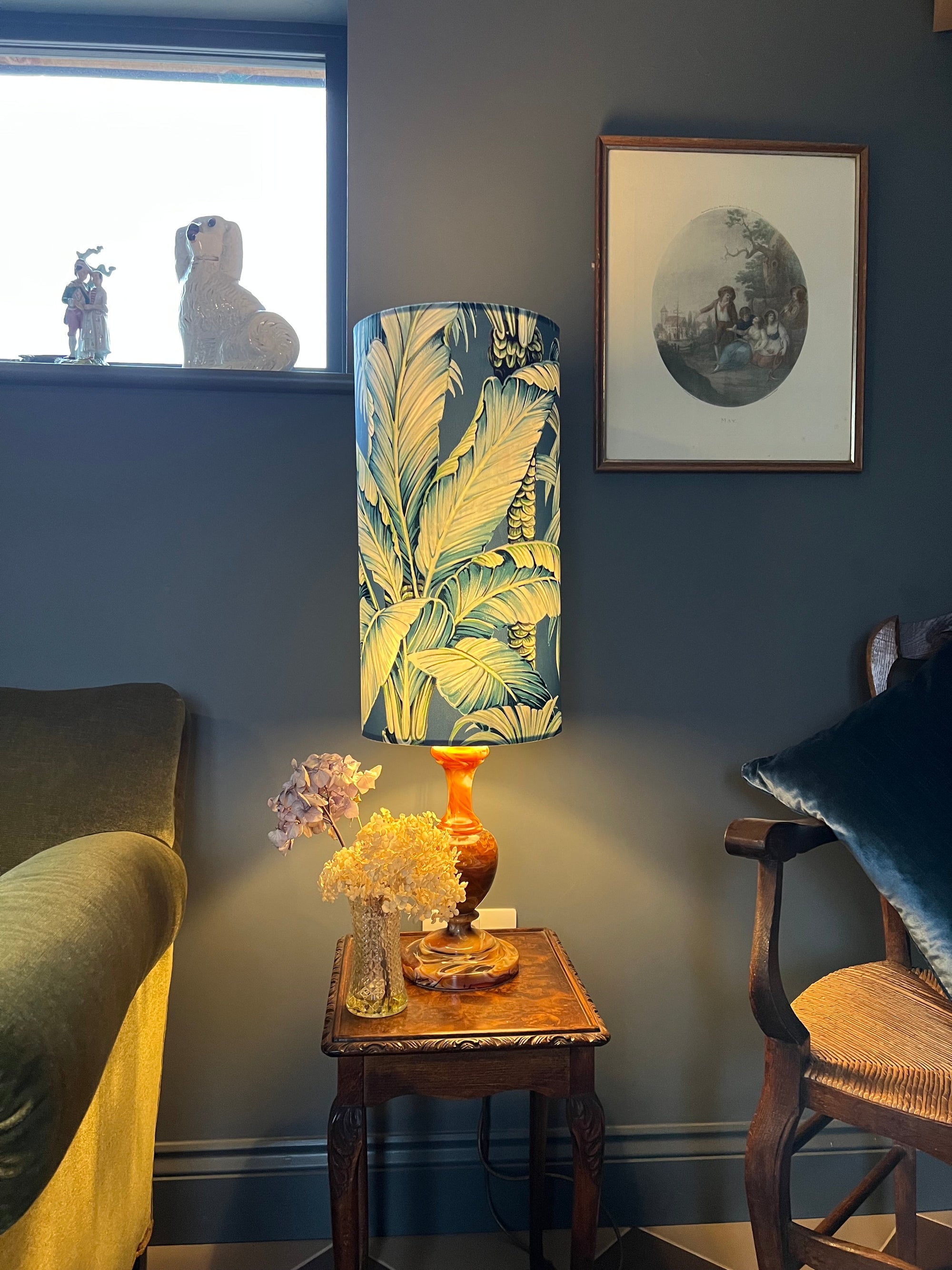 Tripura midnight Leaves Velvet cylinder lampshade, extra tall lampshade