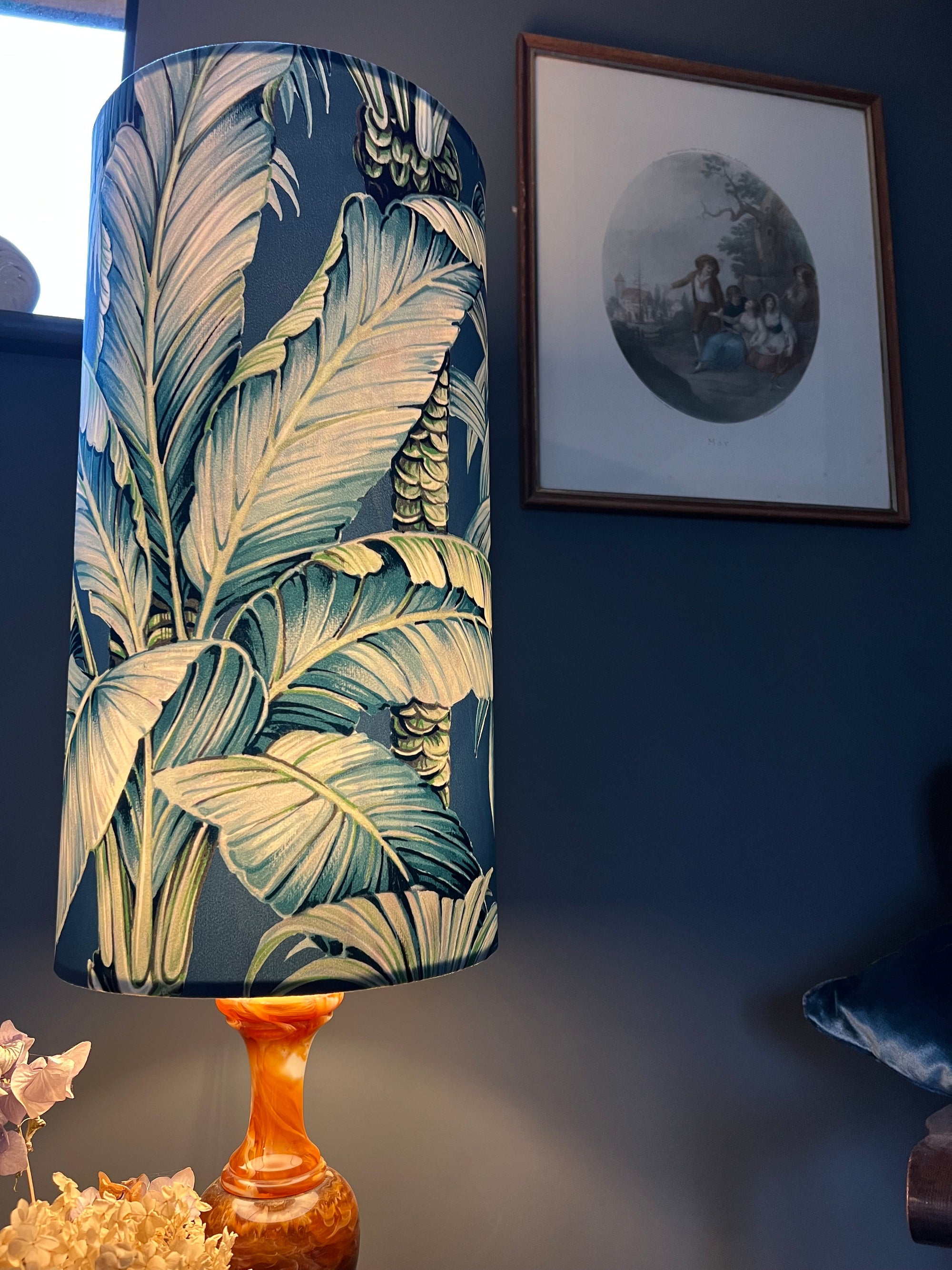 Tripura midnight Leaves Velvet cylinder lampshade, extra tall lampshade