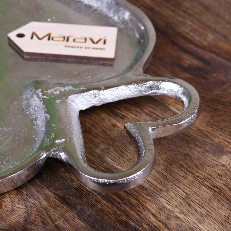 Punji luxury serving trays set with heart handles, premium aluminium decorative serving trays, elegant distressed silver finish, best-selling home hosting essentials by Maravi at brixbailey.com