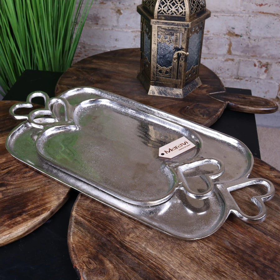 Luxury heart-handle serving trays set, elegant aluminium Punji trays for stylish hosting, best-selling decorative silver trays by Maravi at brixbailey.com