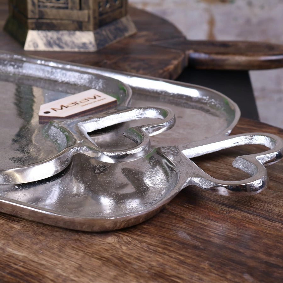 Luxury heart-handle serving trays set, premium aluminium distressed silver, elegant decorative or functional hostess gift, best-selling home decor by Maravi at brixbailey.com
