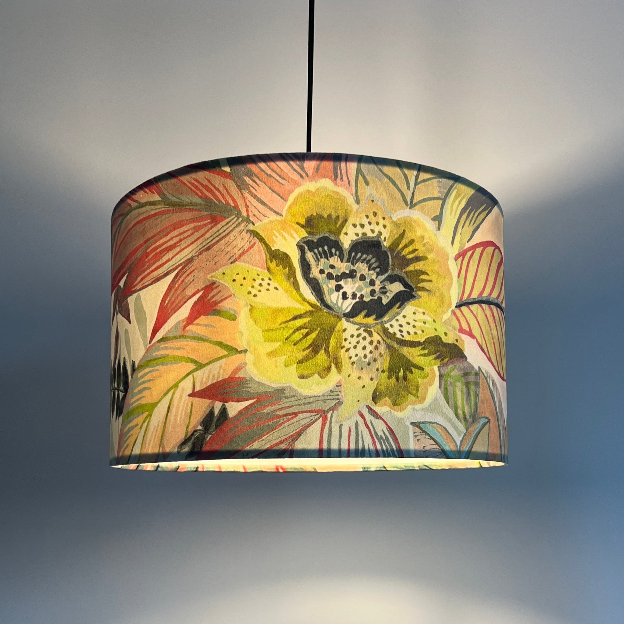 Floral pastel velvet, drum lampshade /ceiling shade with a white lining