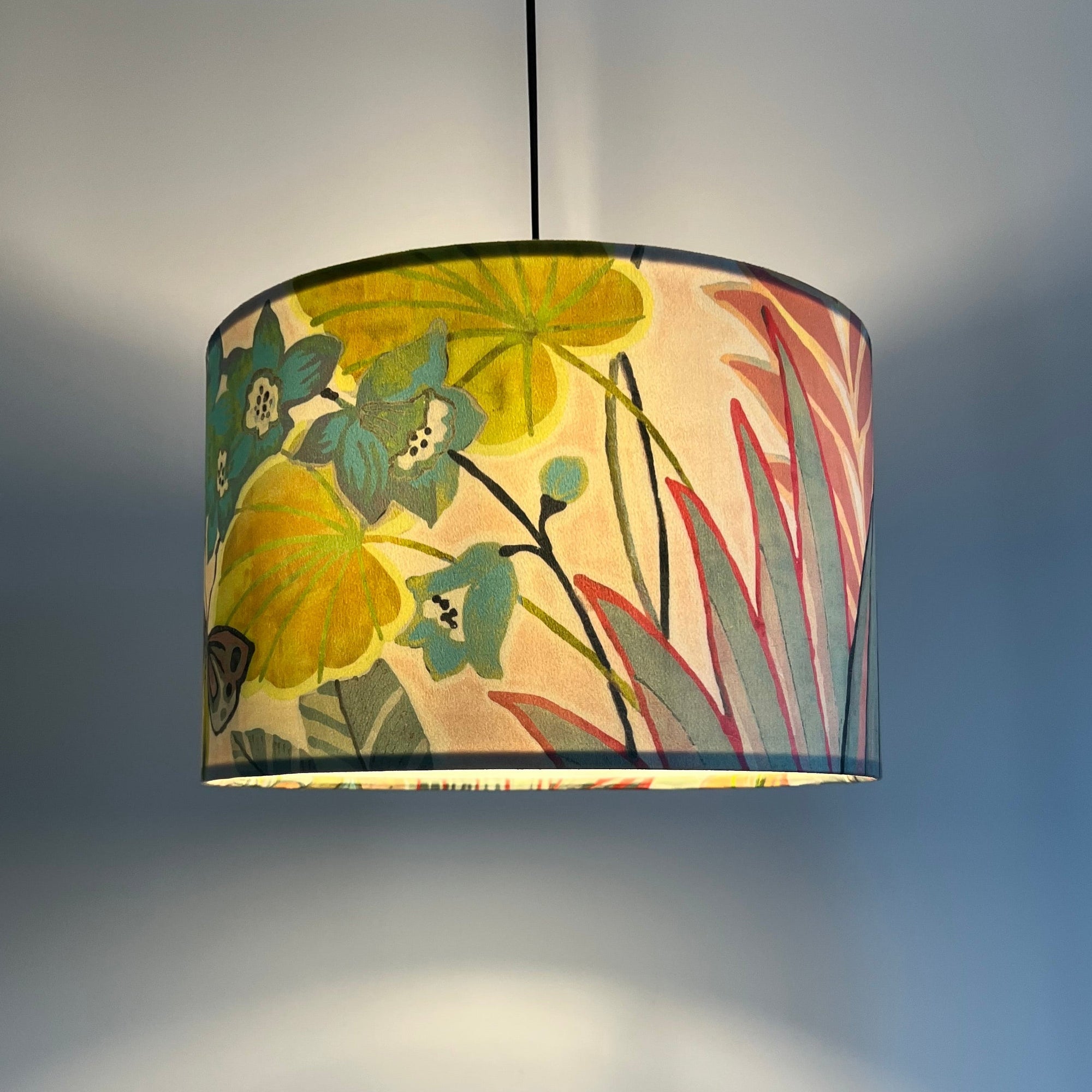 Floral pastel velvet, drum lampshade /ceiling shade with a white lining