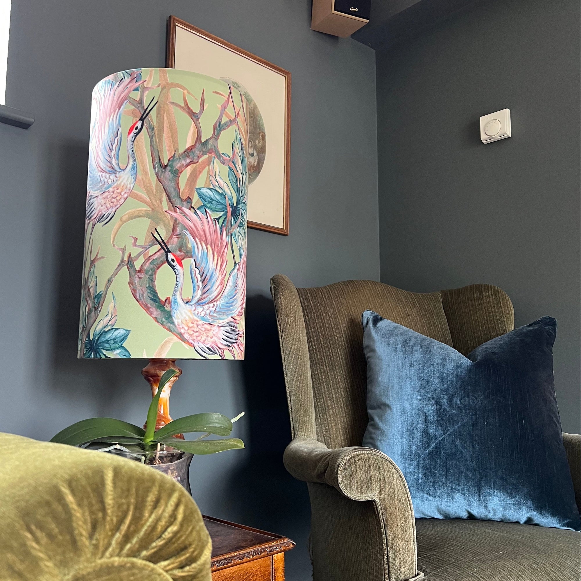 Crane Birds Velvet Lampshade | Extra Tall Cylinder Ceiling Light Shade | Bespoke Handmade UK