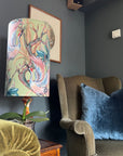Crane Birds Velvet Lampshade | Extra Tall Cylinder Ceiling Light Shade | Bespoke Handmade UK