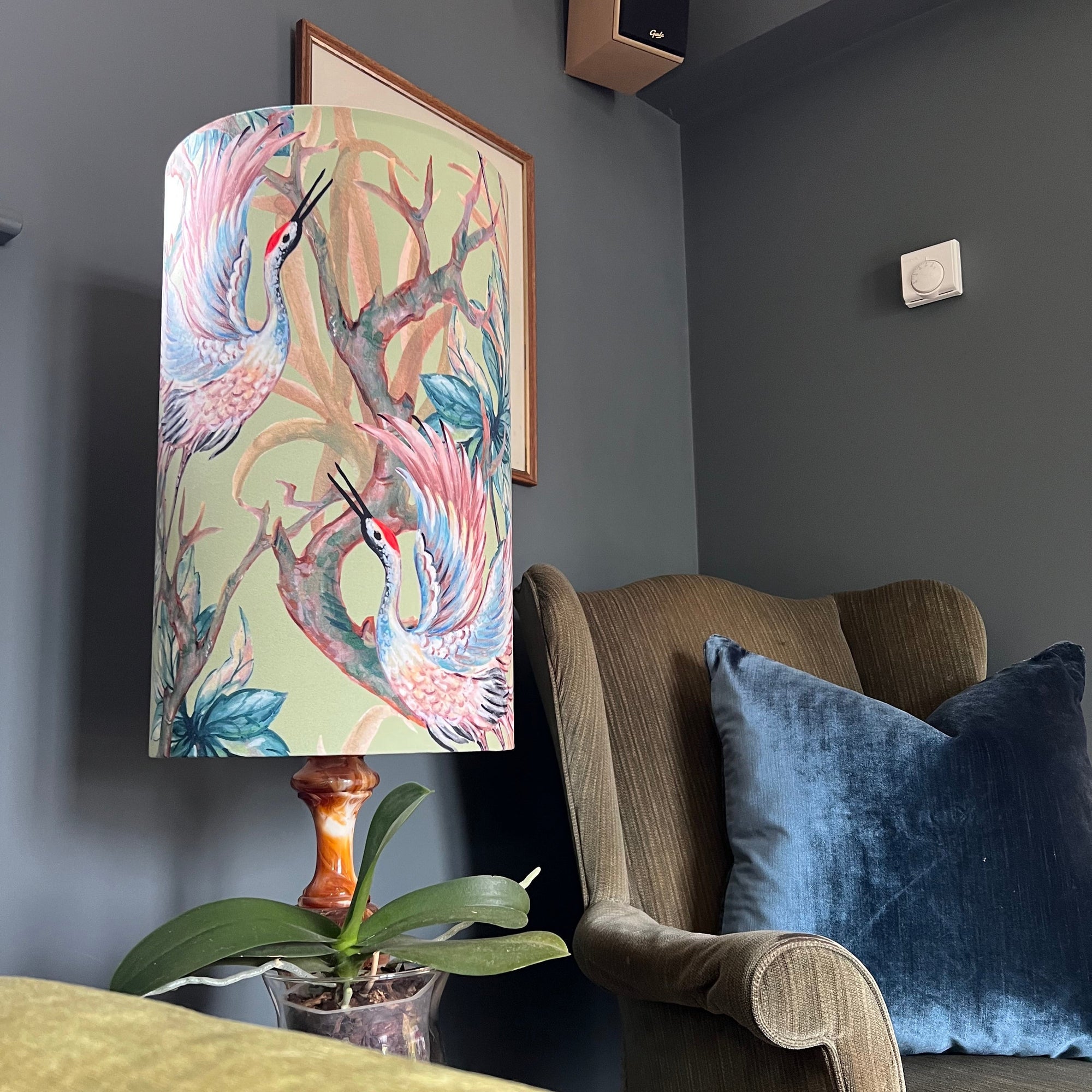 Crane Birds Velvet Lampshade | Extra Tall Cylinder Ceiling Light Shade | Bespoke Handmade UK