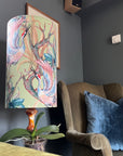 Crane Birds Velvet Lampshade | Extra Tall Cylinder Ceiling Light Shade | Bespoke Handmade UK