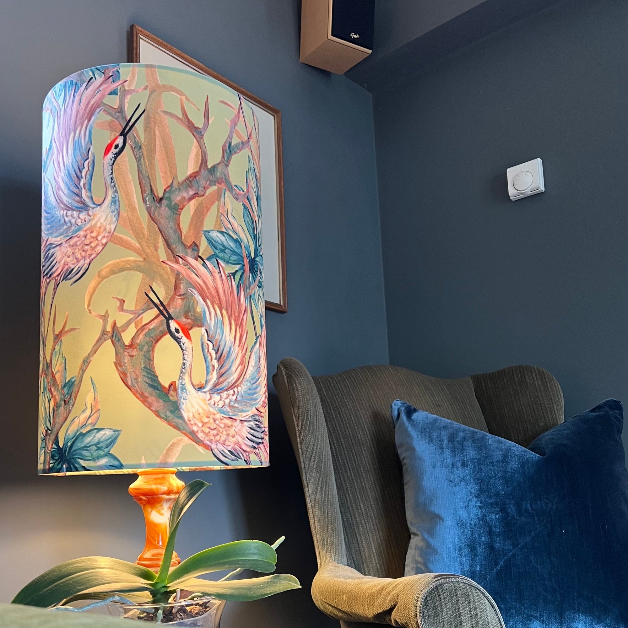 Crane Birds Velvet Lampshade | Extra Tall Cylinder Ceiling Light Shade | Bespoke Handmade UK
