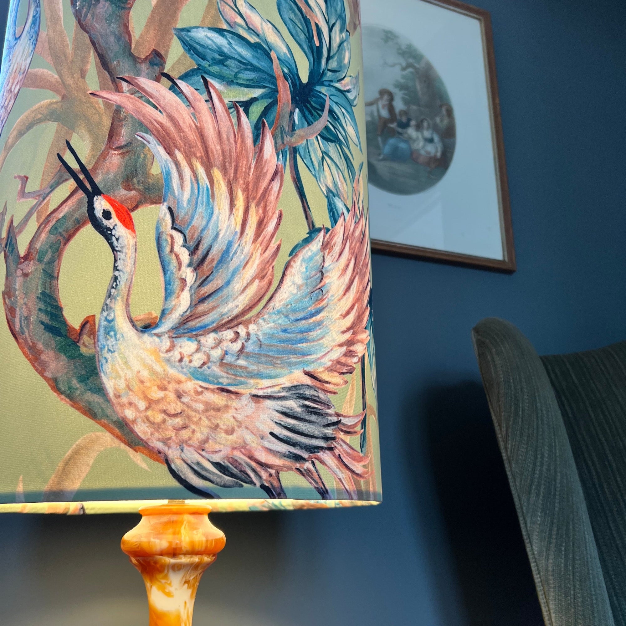 Crane Birds Velvet Lampshade | Extra Tall Cylinder Ceiling Light Shade | Bespoke Handmade UK