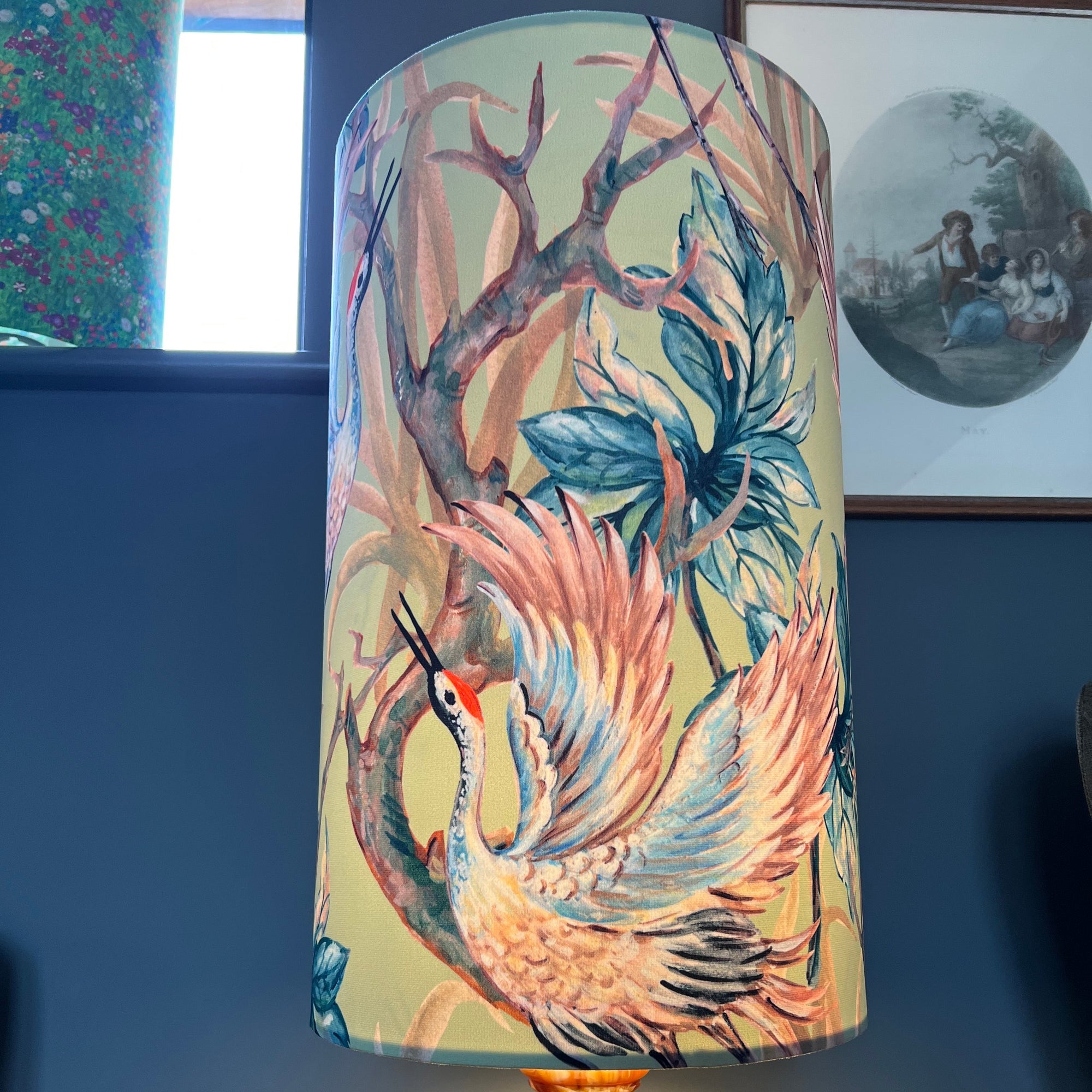 Crane Birds Velvet Lampshade | Extra Tall Cylinder Ceiling Light Shade | Bespoke Handmade UK