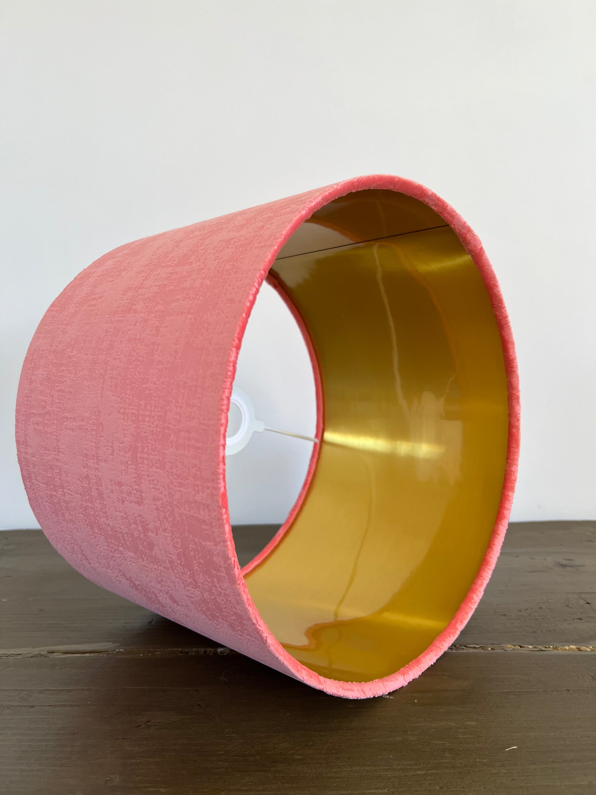 Coral textured velvet drum lampshade/ ceiling shade with a metallic brushed gold lining