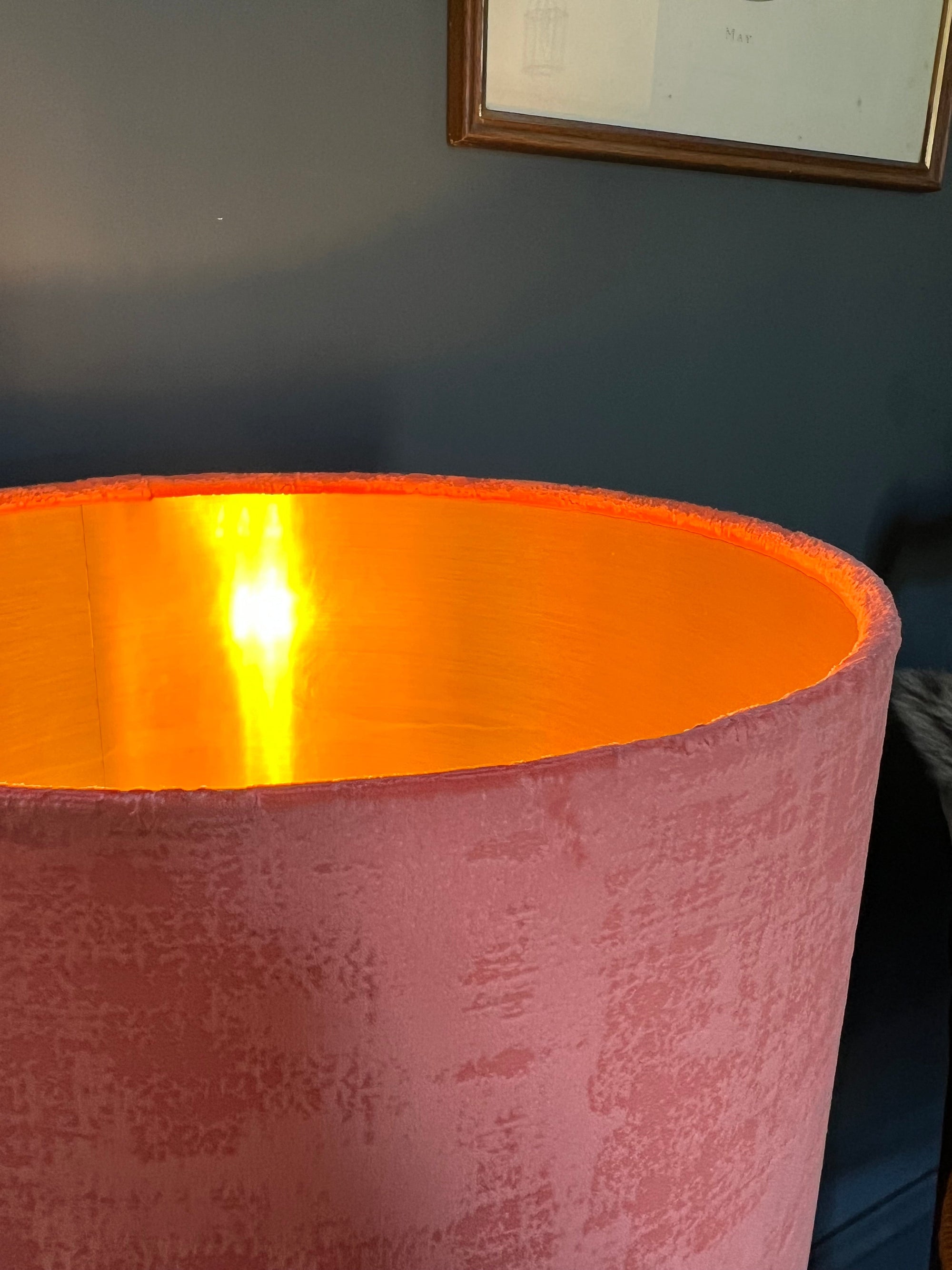 Coral textured velvet drum lampshade/ ceiling shade with a metallic brushed gold lining