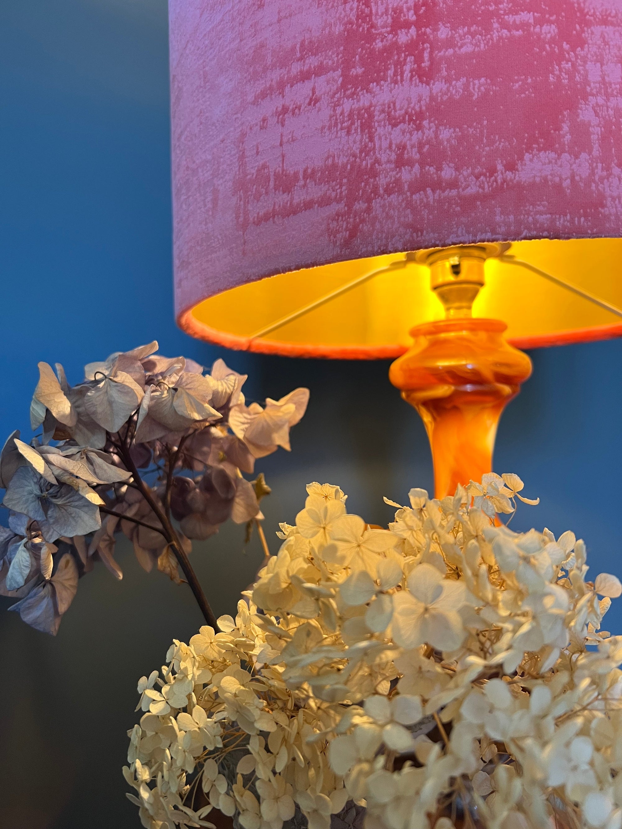 Coral textured velvet drum lampshade/ ceiling shade with a metallic brushed gold lining
