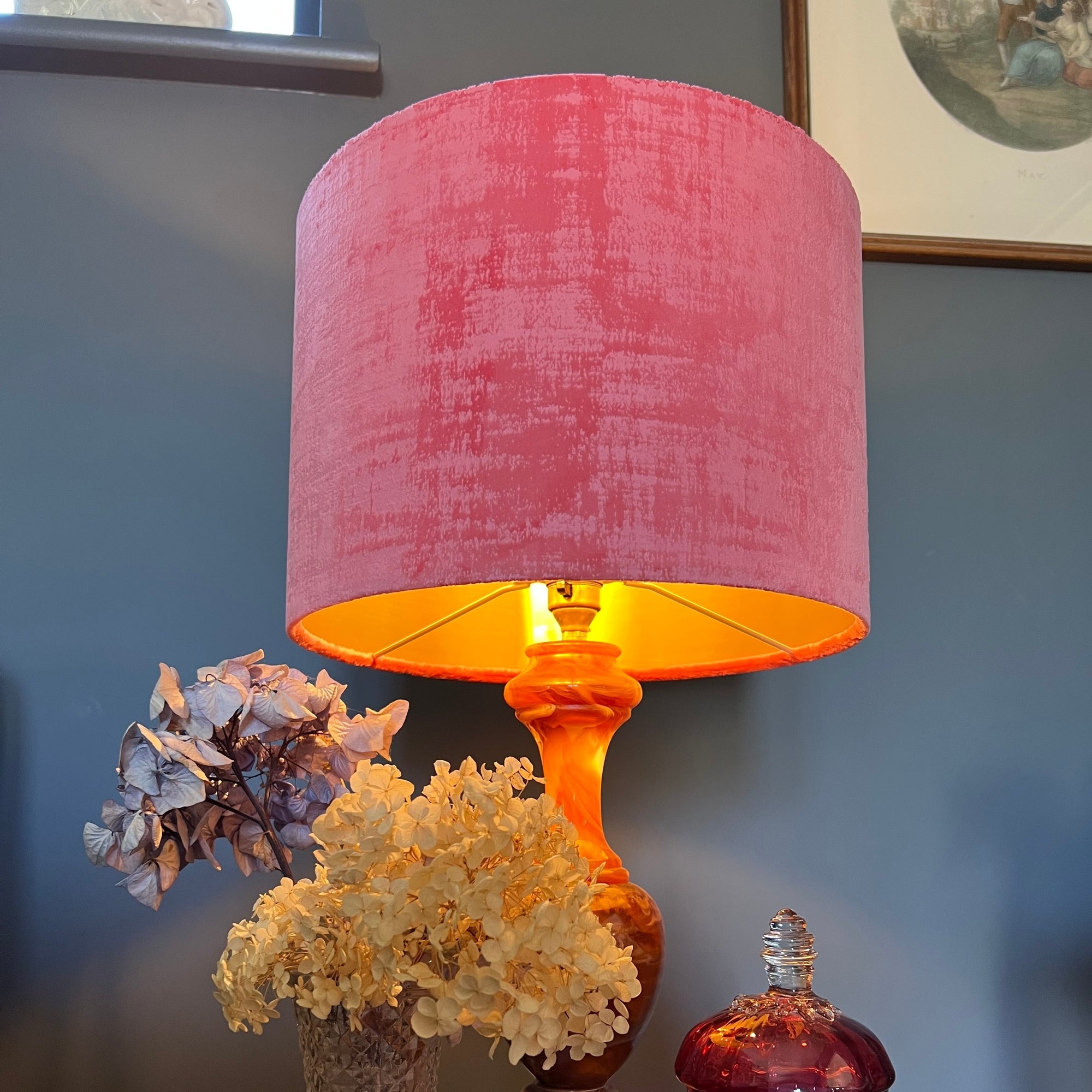 Coral textured velvet drum lampshade/ ceiling shade with a metallic brushed gold lining