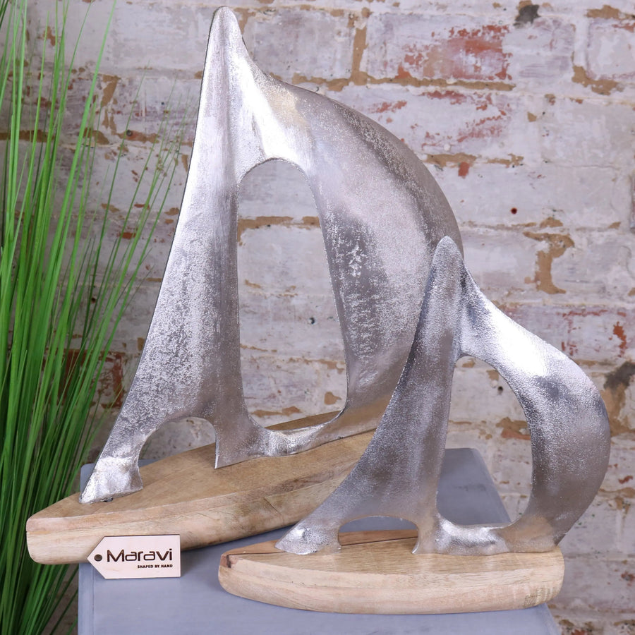 Luxury Kasba sailing boat ornament, handcrafted coastal decor in mango wood and aluminum, nautical home accent by Maravi at brixbailey.com