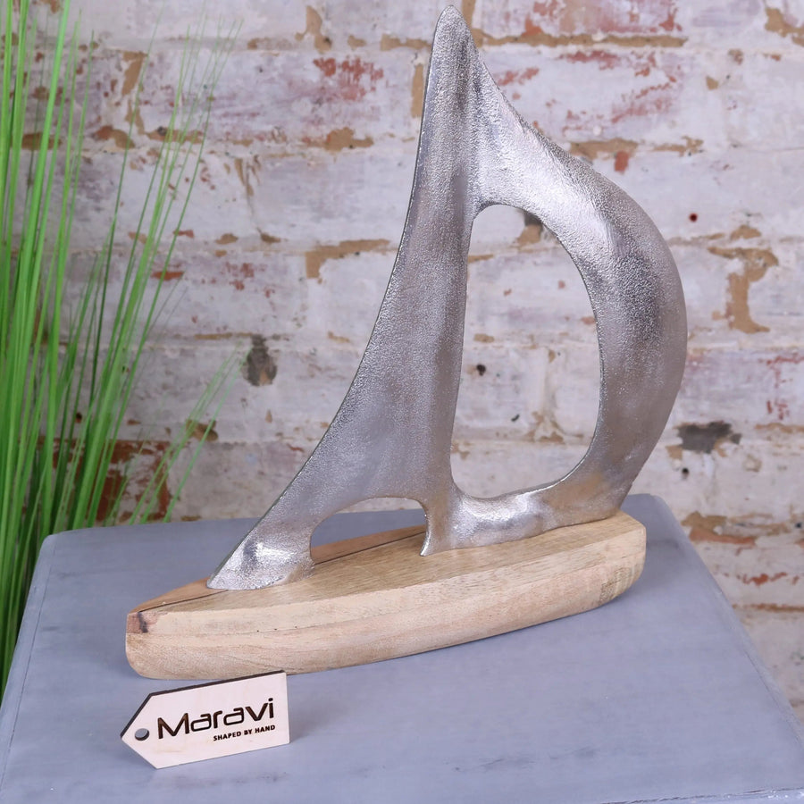 Luxury Kasba sailing boat ornament, handcrafted coastal decor, premium mango wood and aluminum nautical model, stylish home accent by Maravi at brixbailey.com