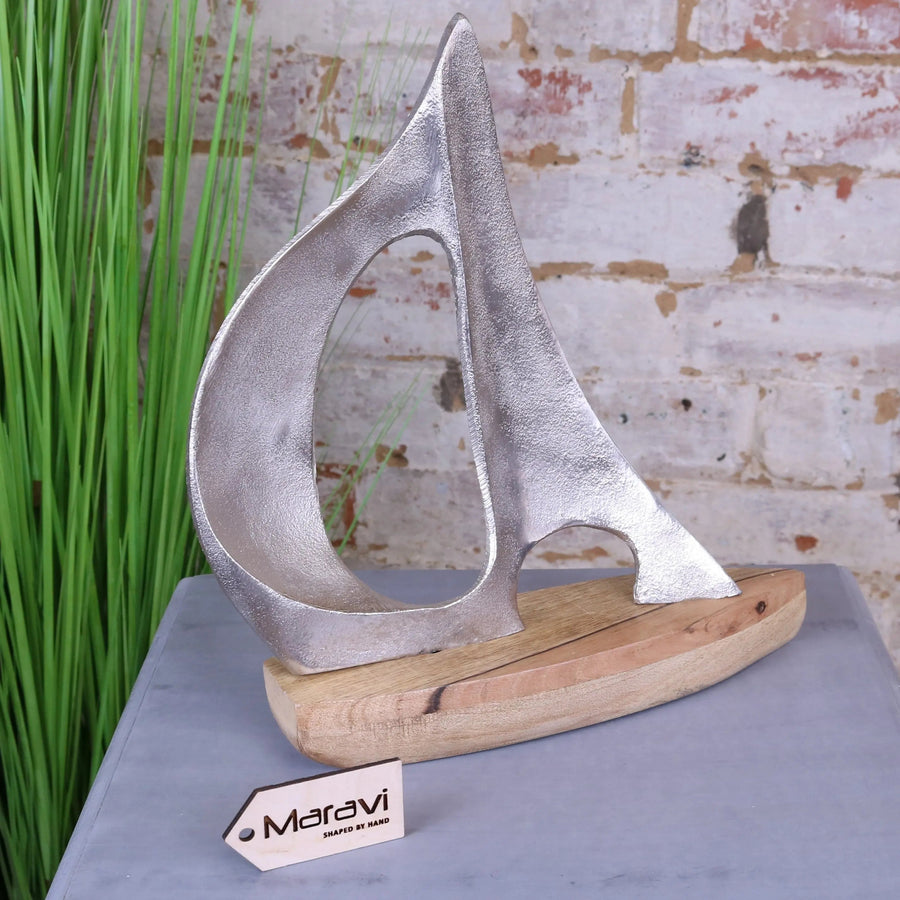 Luxury Kasba sailing boat ornament, handcrafted coastal decor, premium mango wood and aluminum nautical model, stylish home accent by Maravi at brixbailey.com