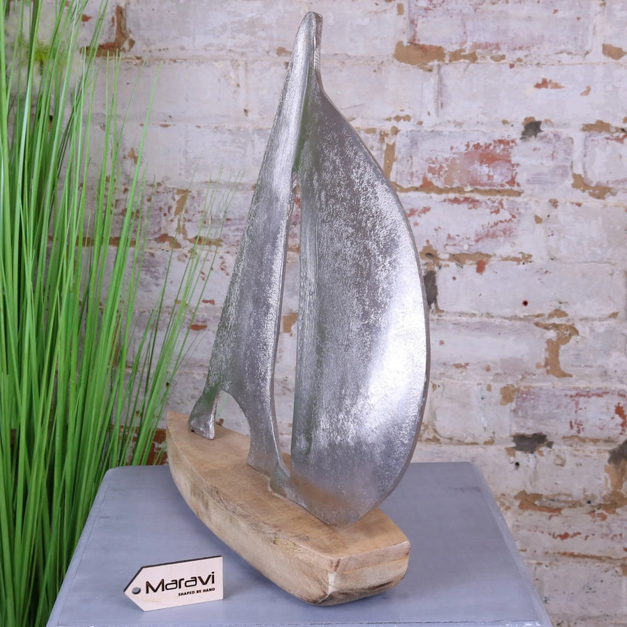 Luxury Kasba sailing boat ornament, handcrafted coastal decor, premium mango wood and aluminium nautical model, stylish home accent by Maravi at brixbailey.com