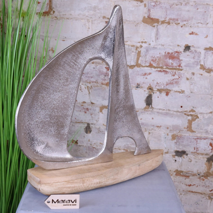 Luxury Kasba sailing boat ornament, handcrafted coastal decor, premium mango wood and aluminum nautical model, stylish home accent by Maravi at brixbailey.com