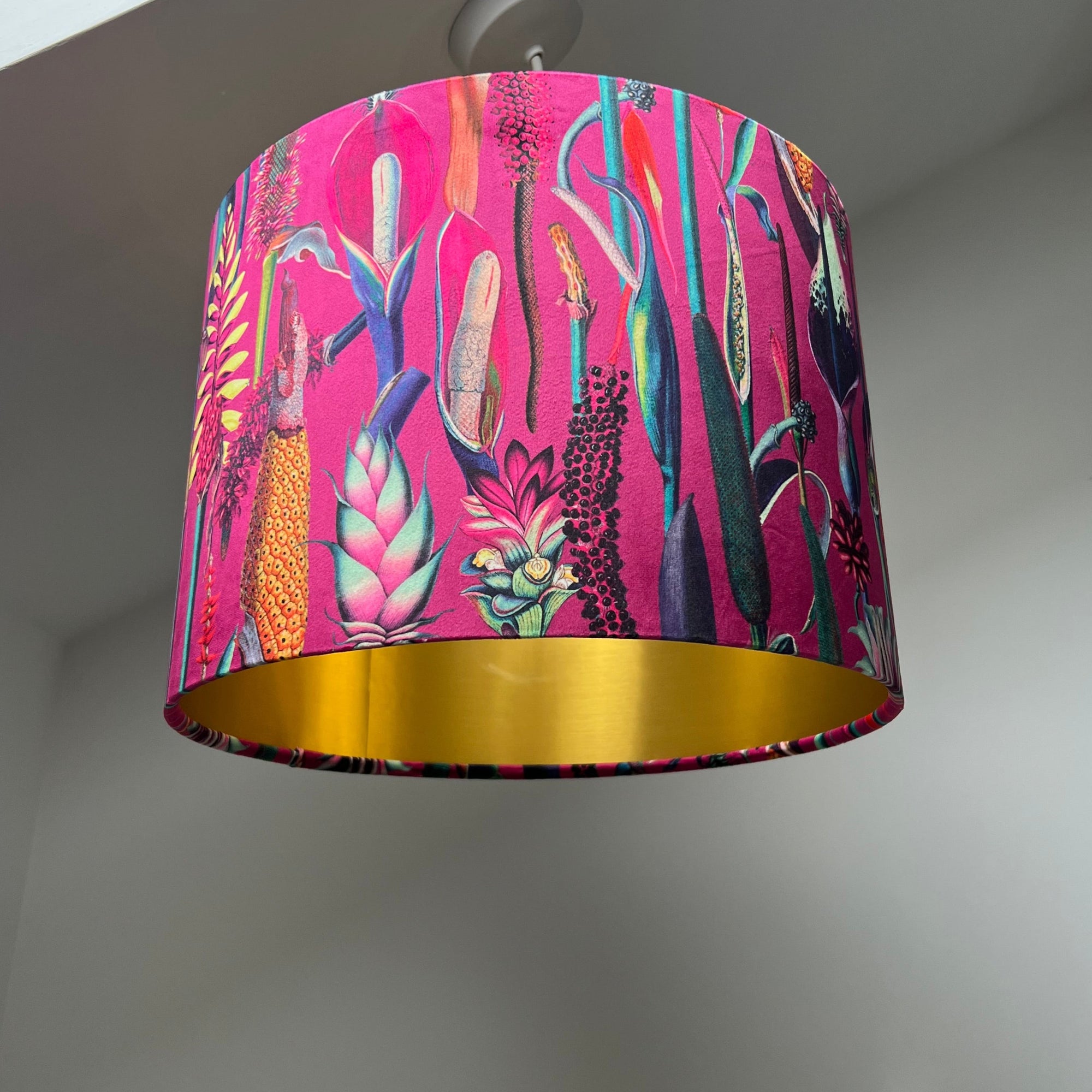 Cerise pink botanical velvet drum lampshade / ceiling shade, with a metallic brushed gold lining