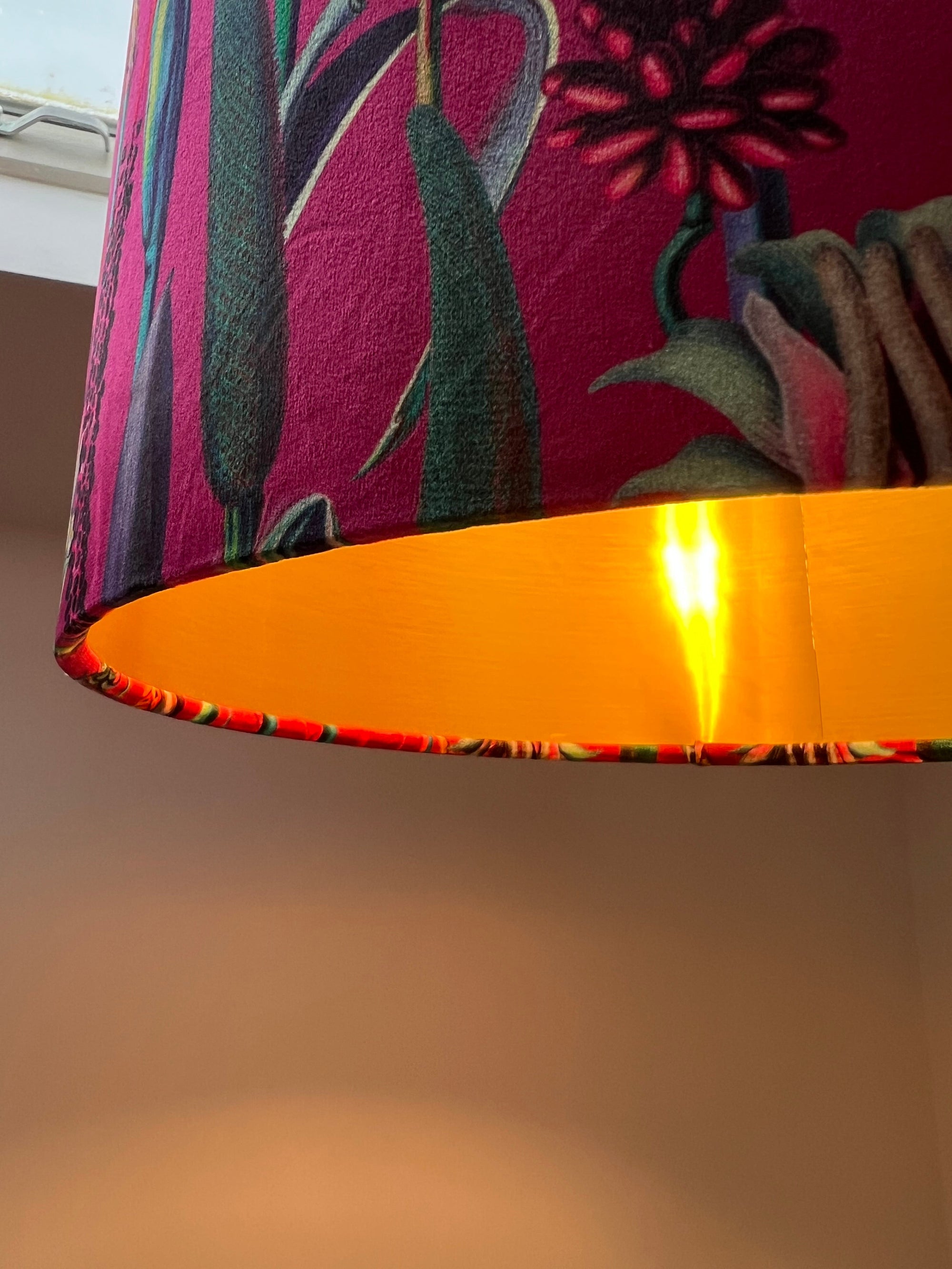 Cerise pink botanical velvet drum lampshade / ceiling shade, with a metallic brushed gold lining