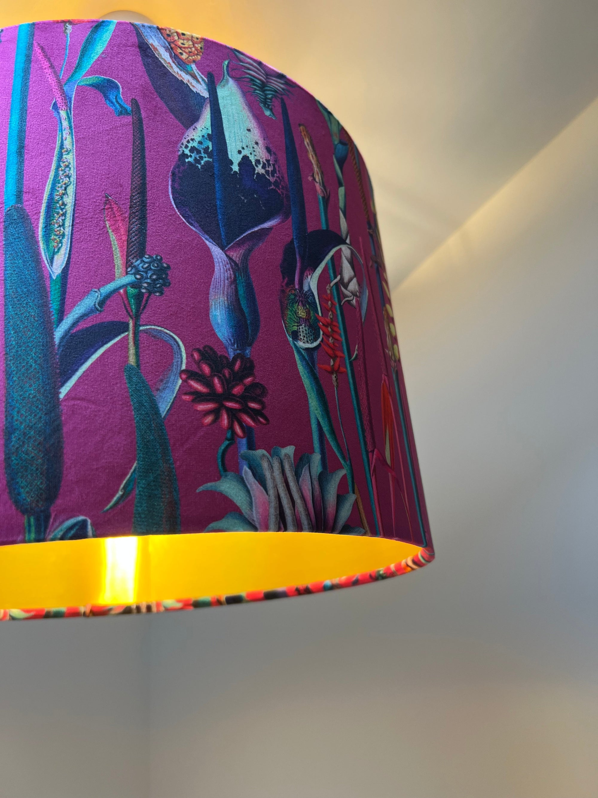 Cerise pink botanical velvet drum lampshade / ceiling shade, with a metallic brushed gold lining