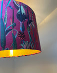 Cerise pink botanical velvet drum lampshade / ceiling shade, with a metallic brushed gold lining