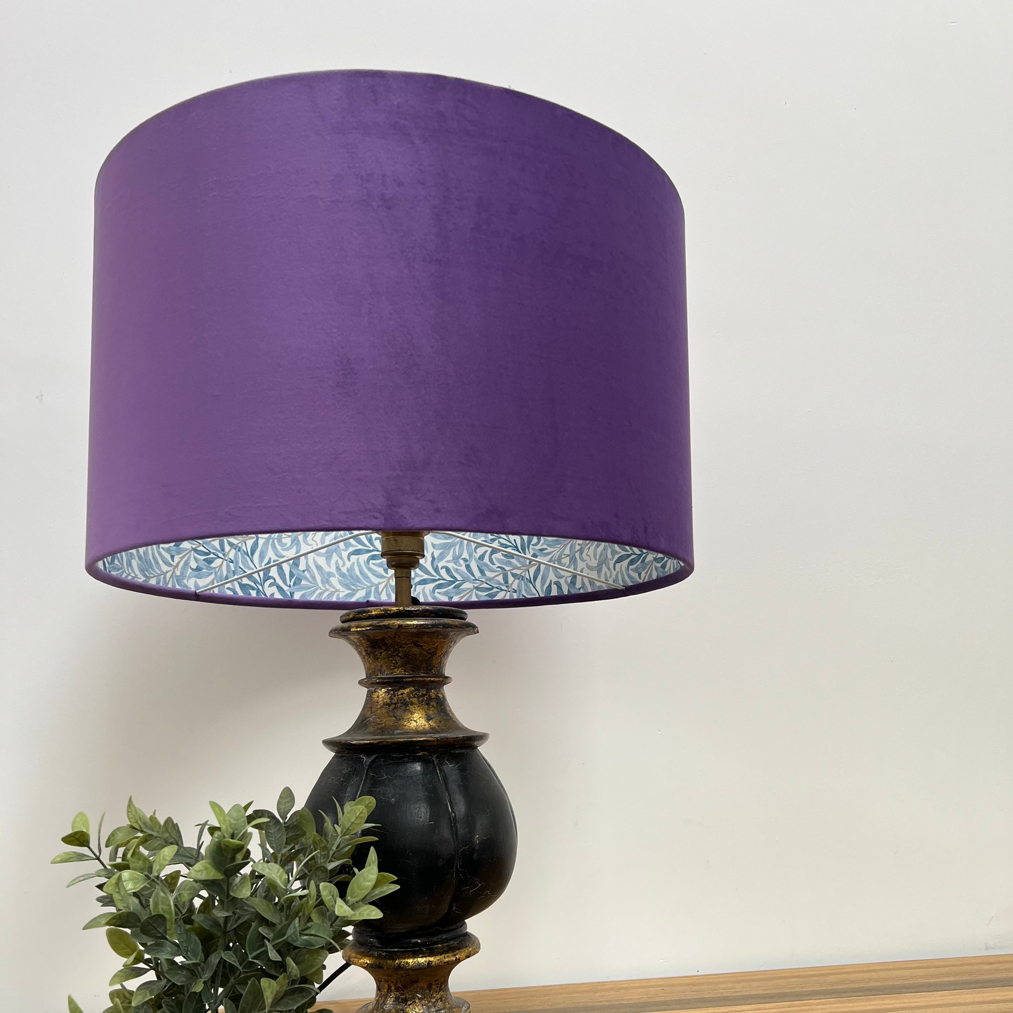 Purple Velvet &amp; William Morris Blue Willow Leaves Double Sided Drum Lampshade | Handmade Ceiling Light Shade | Bespoke UK