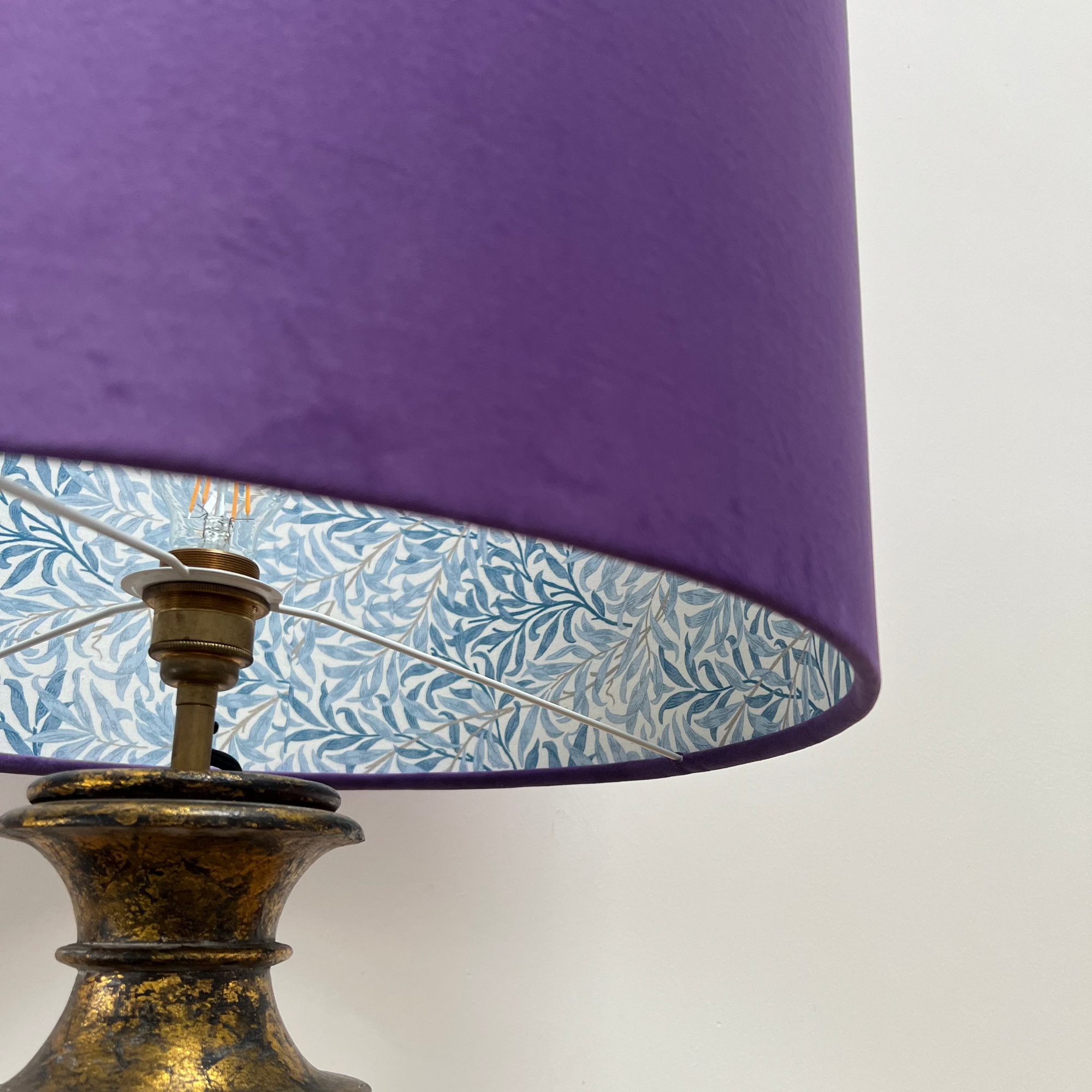Purple Velvet &amp; William Morris Blue Willow Leaves Double Sided Drum Lampshade | Handmade Ceiling Light Shade | Bespoke UK