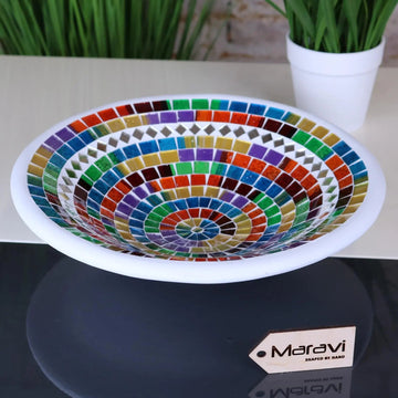 Luxury handcrafted Badaka mosaic bowl, 28cm rainbow multicolor and mirror glass, stylish decorative centerpiece for modern interiors by Maravi at brixbailey.com